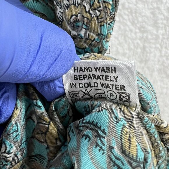 Luck Star Ibiza 100% Silk High Low Button Up Midi Dress Ruffled Hem Unique Print - Picture 14 of 16